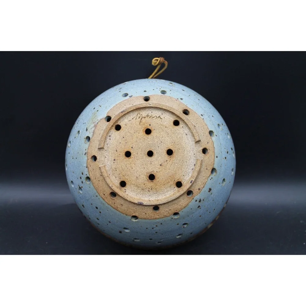Signed Studio Pottery Berry Bowl Colander Blue Speckled Glaze 9.5in Handmade